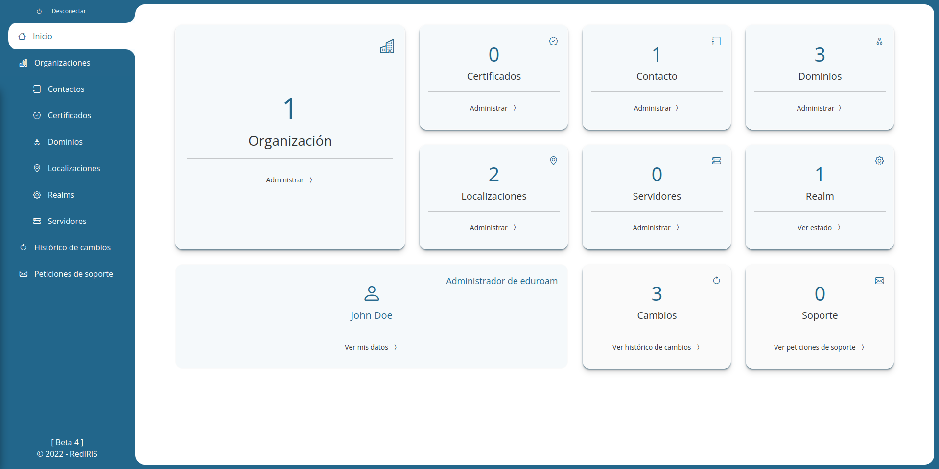 Panel de administración de eduroam.