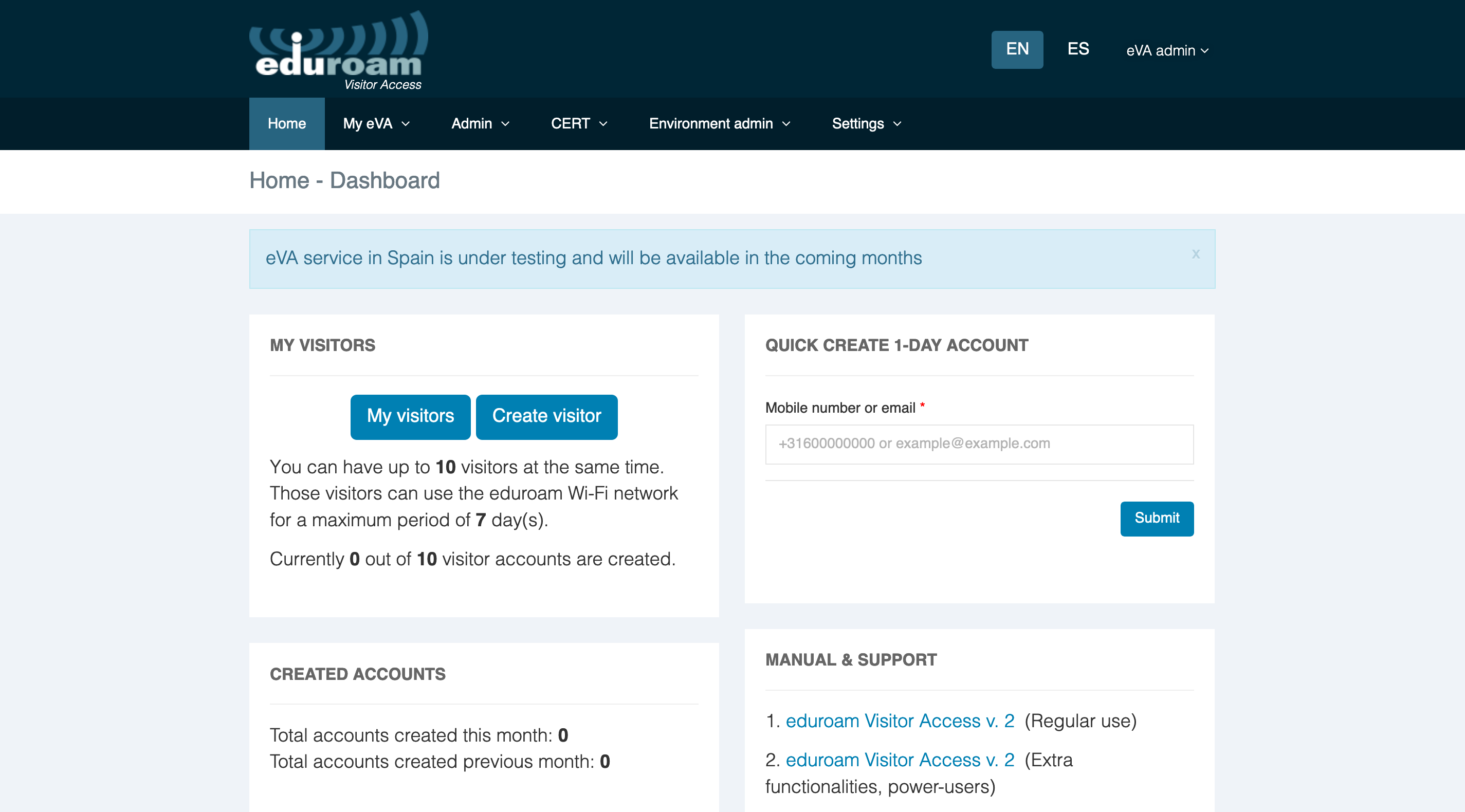 Panel de administración de eduroam.